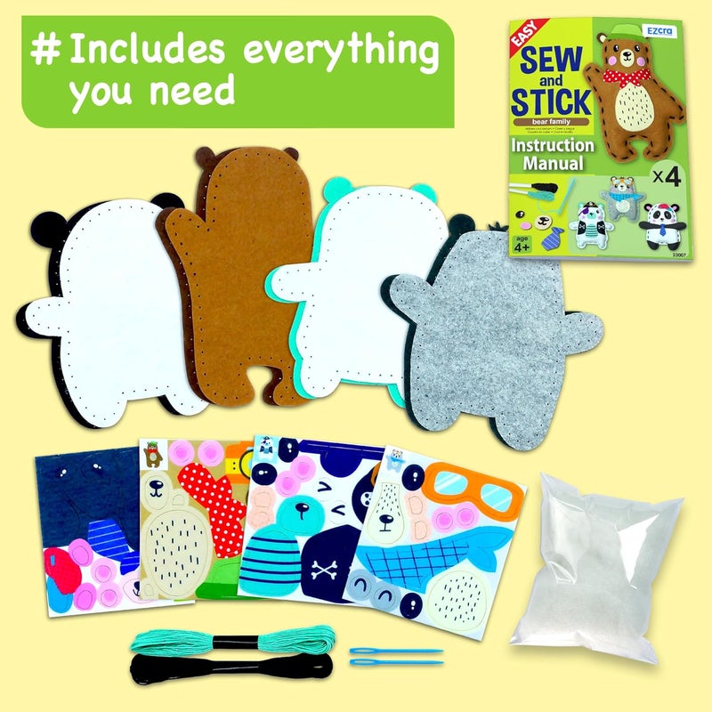 EZCRA Bear & Animal Sewing Kit for Kids Ages 4-8, No-Mess Felt Craft Projects, 4 Easy Beginner Learn-to-Sew Arts & Crafts for Boys and Girls - Image 3